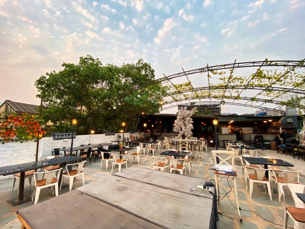 Rooftop tables, trees, and a vine-covered frame in daylight
